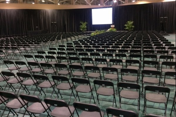 Black Folding Chairs, 16' Drape, Stage, Audio, Video