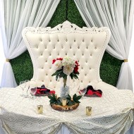 Boxwood Hedge Wall, White Sheer Drape, White Throne & Sweetheart Table